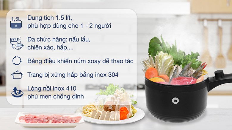 Ca nấu đa năng Mishio MK-321 1.5 lít với đầy đủ tính năng nhưng có giá bán rất phải chăng chỉ với 499.000 đồng (giá bán được cập nhật vào tháng 09/2023) tại Điện máy XANH