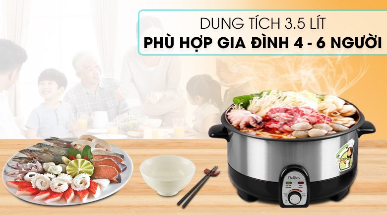 Nồi lẩu điện đa năng với dung tích lớn phù hợp cho gia đình từ 4 - 6 người để tổ chức các bữa tiệc thân mật hay ăn chơi cuối tuần