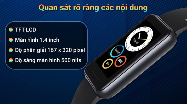 Vòng đeo tay thông minh realme Band 2 Đen có màn hình TFT-LCD giúp hiển thị rõ nét