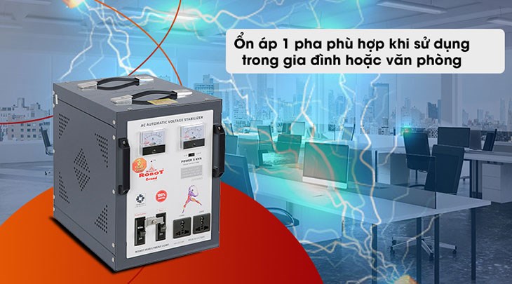 Ổn áp Robot 1 pha 5KVA 90 là ổn áp 1 pha dùng để ổn định lưới điện văn phòng và gia đình