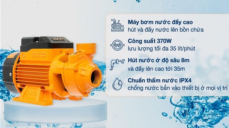 Máy bơm nước đẩy cao Ingco VPM3708 370W sở hữu công suất hút mạnh mẽ lên tới 370W có thể hút được lượng nước có lưu lượng lớn