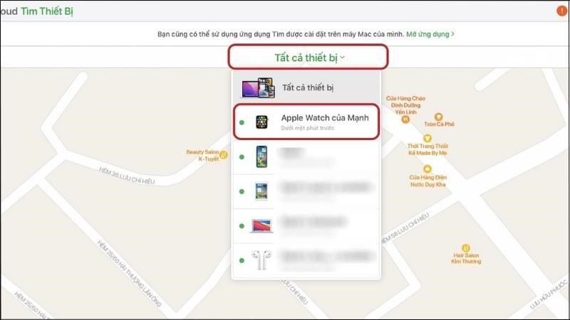 Click vào dấu mũi tên ở mục Tất cả thiết bị > Chọn mục Apple Watch của bạn