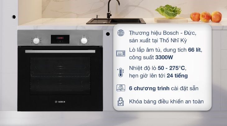 Lò nướng âm Bosch HBF113BR0A 66 lít trang bị đến 6 chế độ nướng, đáp ứng nhu cầu chế biến thực phẩm đa dạng của gia đình bạn