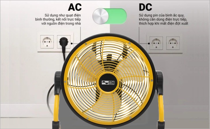 Quạt sạc AC ARF01D113 hoạt động bằng cách kết nối với nguồn điện trực tiếp hoặc dùng pin, tiện lợi khi sử dụng