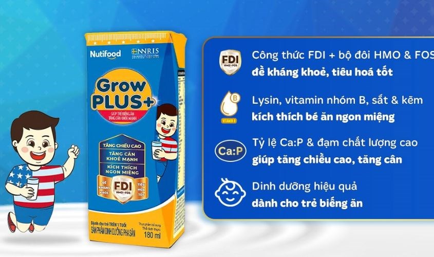 Lốc 4 hộp sữa pha sẵn Nutifood GrowPLUS+ xanh hương vani 180 ml cho trẻ biếng ăn (từ 1 tuổi)