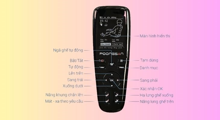 Ghế massage Poongsan MCP-151 sử dụng điều khiển remote bằng tiếng Việt với các phím bấm vật lý dễ thao tác, giúp người dùng sử dụng dễ dàng