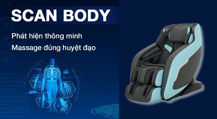 Tính năng Scan Body trên ghế massage Poongsan MCP-151 giúp xác định chính xác vị trí các huyệt đạo