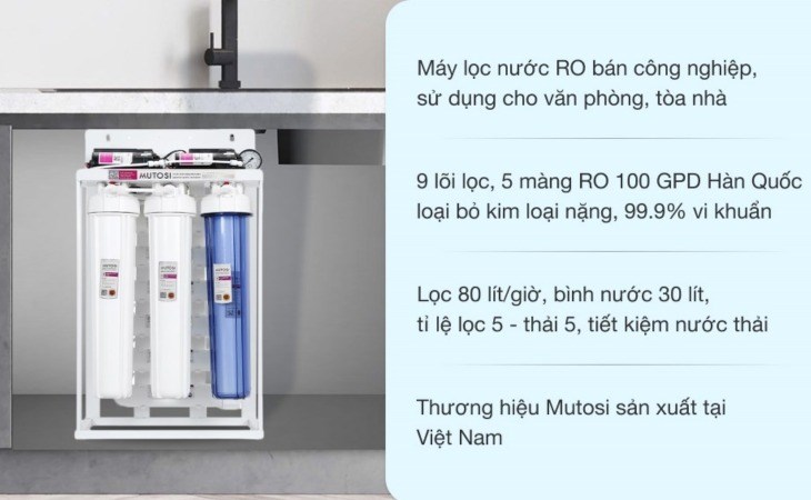 Máy lọc nước RO bán công nghiệp Mutosi MP-80 có hệ thống 9 lõi lọc, công suất lọc lớn 80 lít/h, đáp ứng mọi nhu cầu sử dụng