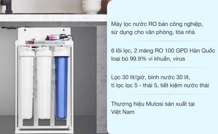 Máy lọc nước RO bán công nghiệp Mutosi MP-30 6 lõi có tỷ lệ thu hồi nước 50 - 50, giúp tiết kiệm nước thải sau khi lọc