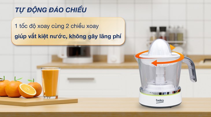 Chức năng xoay đảo chiều trên máy vắt cam Beko 40W CJB5103W giúp vắt kiệt bã, hạn chế bị đắng