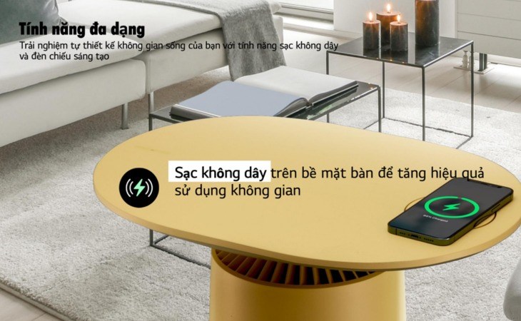 Máy lọc không khí LG PuriCare Aero Furniture AS20GPRU0 vàng được trang bị sạc không dây tích hợp, mang lại trải nghiệm tốt cho người dùng