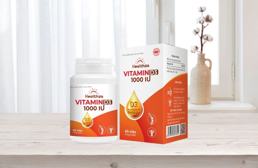 Viên uống Healthza Vitamin D3 1000IU hỗ trợ hấp thu canxi 60 viên (từ 6 tuổi)