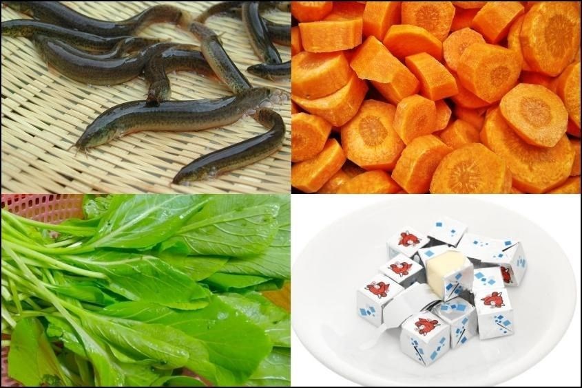 Nguyên liệu để nấu cháo cá chạch cho bé với cà rốt và phô mai