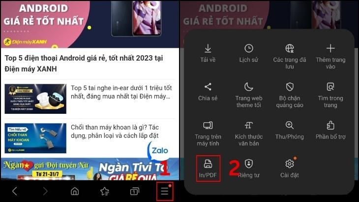 In trang web trên trình duyệt Samsung Internet