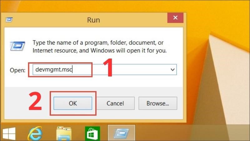 Nhấn tổ hợp phím Windows + R > Nhập dòng lệnh devmgmt.msc > Chọn OK