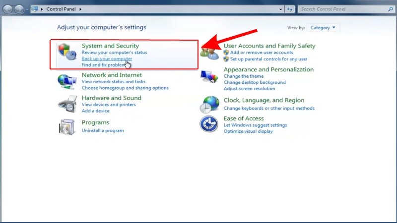 Tại mục System and Security và chọn Back up your computer