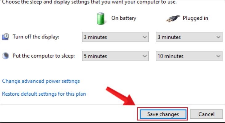 Chế độ Sleep sẽ được cài đặt sau khi nhấn Save changes