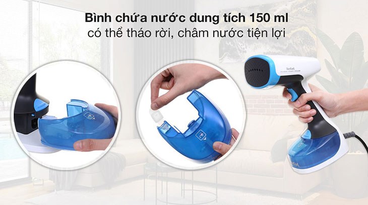 Bàn ủi hơi nước cầm tay Tefal DT7000E0 1200W trang bị bình chứa nước dung tích 150 ml, dễ tháo lắp, đổ nước vào và được làm trong suốt dễ quan sát lượng nước bên trong