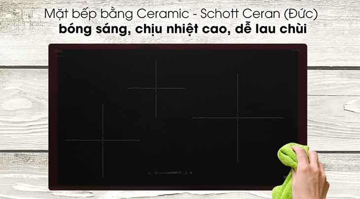 Bếp từ 3 vùng nấu lắp âm Hafele HC-I773D (536.01.905) có mặt bếp bằng kính Ceramic - Schott Ceran (Đức) bóng sáng, chịu nhiệt cao, hạn chế trầy xước, dễ lau chùi