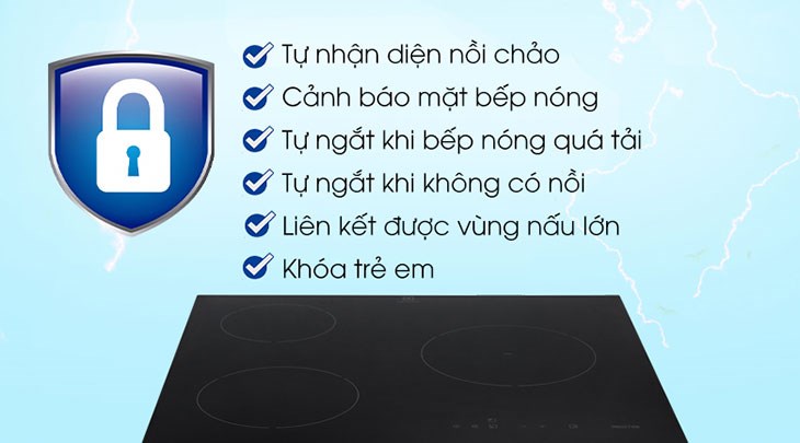 Bếp từ 3 vùng nấu lắp âm Electrolux E6203IOK tích hợp đa dạng tính năng an toàn và thông tinh đảm bảo an toàn cho người dùng cũng như sản phẩm