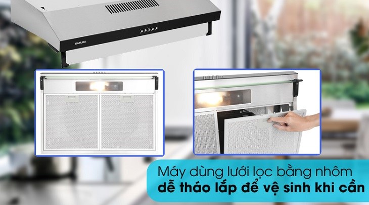 Máy hút mùi Sakura SCR-2881S được trang bị lưới lọc bằng hợp kim nhôm giúp lọc mùi hiệu quả và dễ tháo lắp nên tiện vệ sinh sau mỗi lần nấu nướng