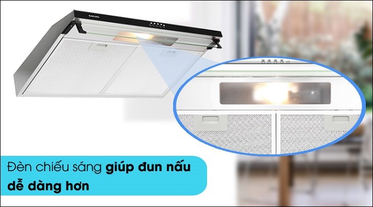 Máy hút mùi Sakura SCR-2881S được trang bị đèn chiếu sáng giúp quá trình nấu nướng tiện lợi và an toàn hơn