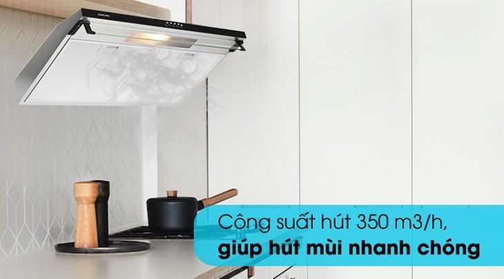 Máy hút mùi Sakura SCR-2881S có công suất hút 350m3/h, hỗ trợ hút mùi nhanh chóng, hiệu quả