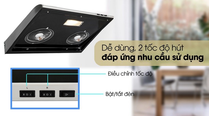 Máy hút khói Sakura SR- 2883B được trang bị bảng điều khiển nút nhấn với 2 tốc độ hút và nút bật/tắt đèn tiện lợi