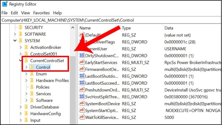 Vào tiếp thư mục CurrentControlSet và chọn Control