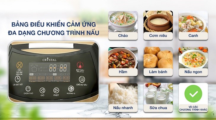 Nồi cơm điện tử Crystal 1.8 lít JS-E50C sở hữu bảng điều khiển cảm ứng hiện đại, có chú thích tiếng Việt