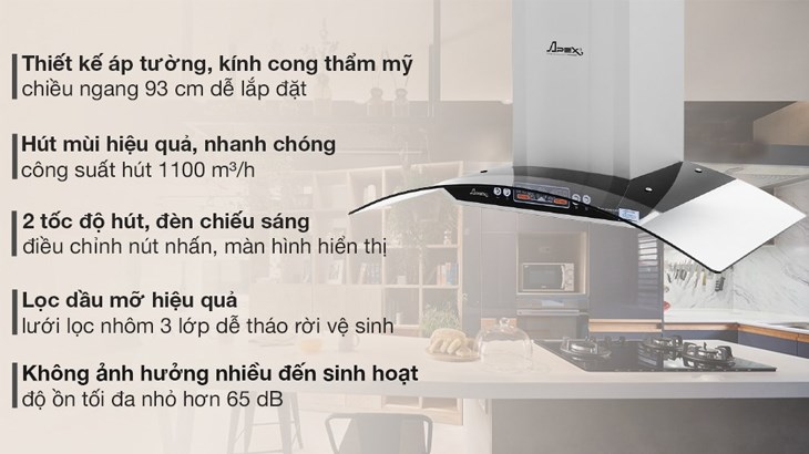 Máy hút mùi kính cong Apex APB6601-90C có công suất hút cao và lọc dầu mỡ hiệu quả với lưới lọc 3 lớp