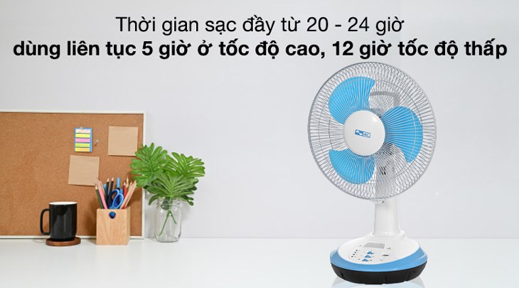 Quạt sạc điện AC ARF03D123 có thể sử dụng liên tục 5 giờ cho tốc độ cao và 12 giờ cho tốc độ thấp