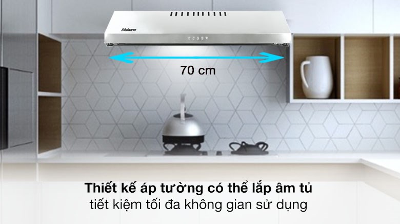 Máy hút mùi Makano có thiết kế áp tường với chiều dài chỉ 70cm, nên rất phù hợp với những căn bếp nhỏ vì không chiếm quá nhiều diện tích