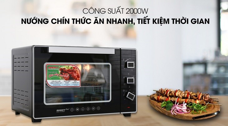 Lò nướng Sanaky VH5099S2D 50 lít có công suất 2000W, hỗ trợ nướng thức ăn nhanh chóng, tiện lợi