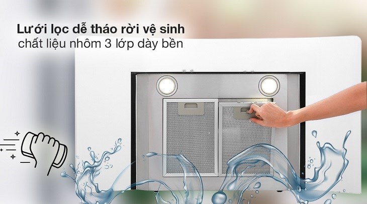 Máy hút mùi kính cong Apex APB6601-90C được trang bị 3 lớp lưới lọc giúp lọc sạch không khí hiệu quả hơn