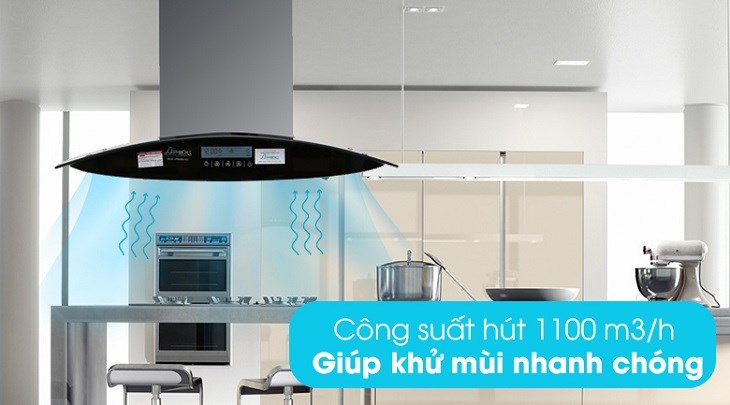 Máy hút mùi kính cong Apex APB6601-90C có công suất hút 1100m3/h nên giúp khử mùi nhanh chóng, mang lại không khí trong lành cho gia đình bạn