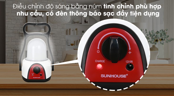 Đèn sạc Sunhouse SHE-6848LA cho phép bạn điều chỉnh mức độ sáng linh hoạt qua núm vặn