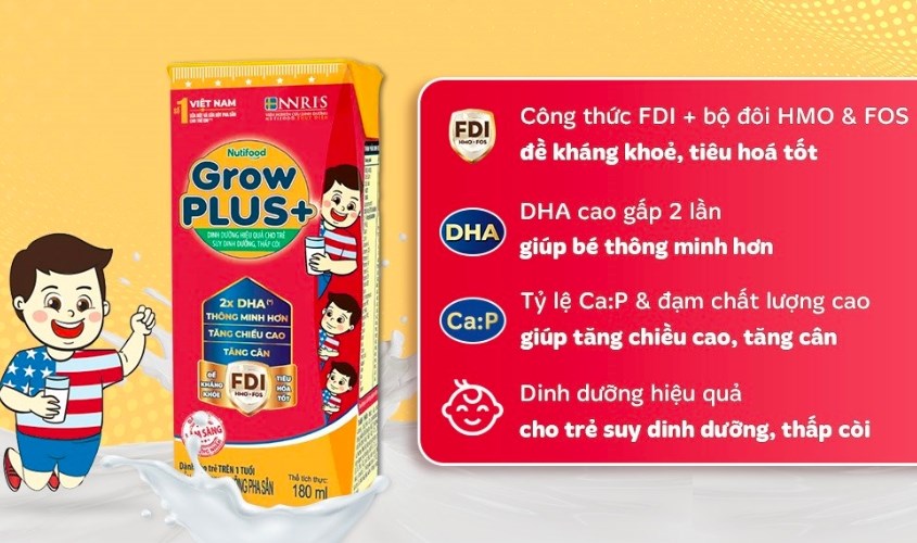 Lốc 4 hộp sữa pha sẵn Nutifood GrowPLUS+ đỏ hương vani 180 ml cho trẻ suy dinh dưỡng, thấp còi (từ 1 tuổi)