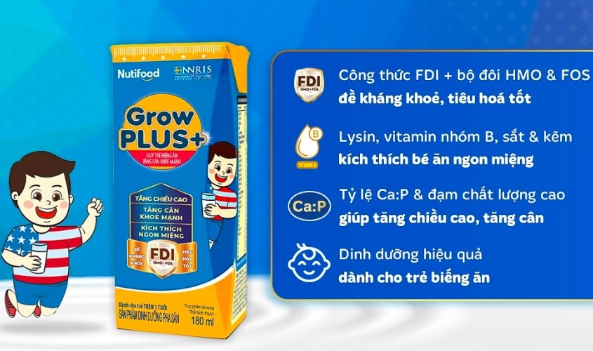 Lốc 4 hộp sữa pha sẵn Nutifood GrowPLUS+ xanh hương vani 180 ml cho trẻ biếng ăn (từ 1 tuổi)