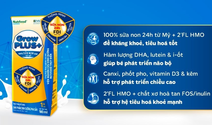 Lốc 4 hộp sữa non pha sẵn Nutifood GrowPLUS+ vàng hương vani 180 ml (từ 1 tuổi)
