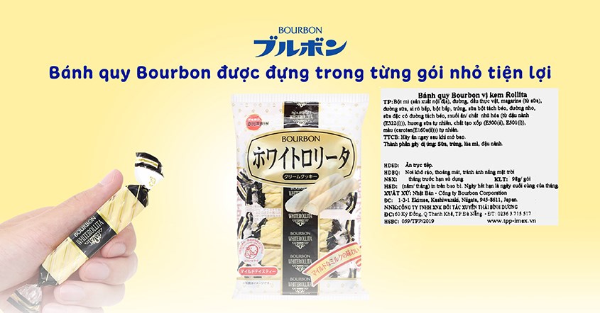 Bánh quy Bourbon vị kem Rollita gói 98g (từ 3 tuổi) được đựng trong từng gói nhỏ tiện lợi