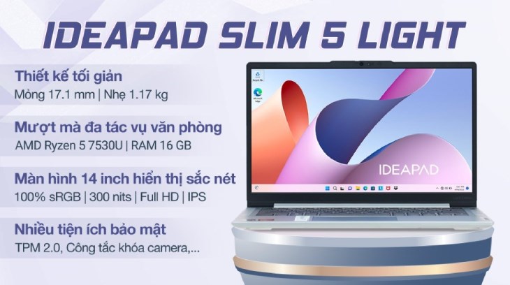 Laptop Lenovo IdeaPad Slim 5 Light 14ABR8 R5 7530U có thiết kế tối giản, đáp ứng tốt nhu cầu văn phòng