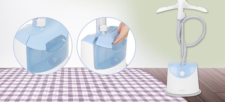 Bạn nên đổ nước tối thiểu 2/3 bình chứa bàn ủi hơi nước đứng Philips GC482/29 1600W giúp đảm bảo bạn có đủ lượng nước để ủi một lượng quần áo đáng kể 