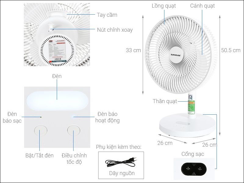 Quạt sạc điện Sunhouse SHD7115 có cấu tạo đơn giản, dễ dàng thao tác