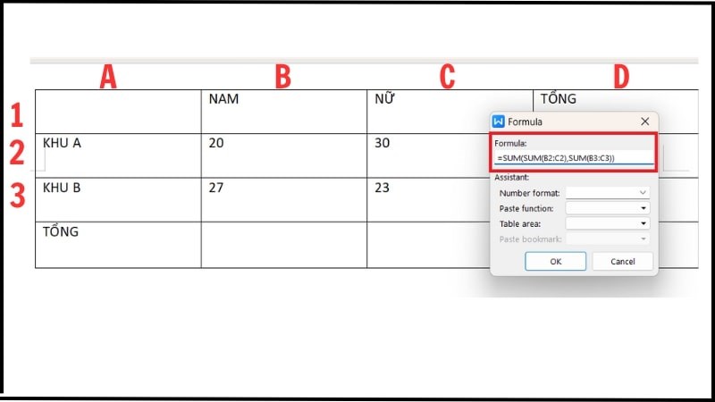 Bước 3 tính tổng nhiều hàng và cột theo công thức