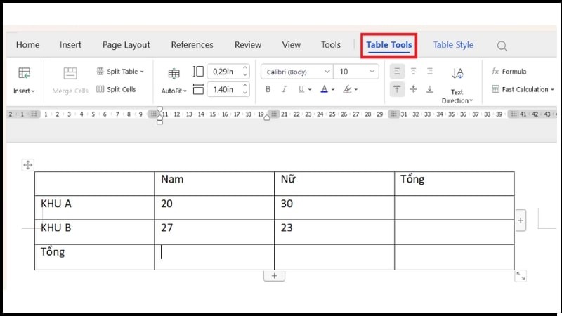 Bước 1 tại mục Table Tools (Công cụ Bảng), bạn vào tab Layout