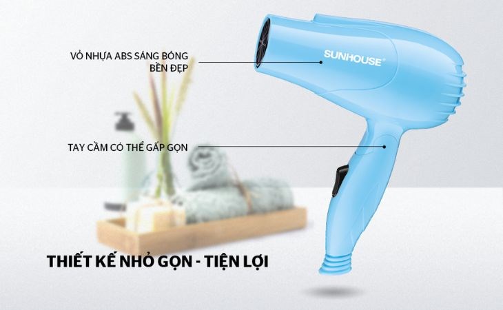 Máy sấy tóc 650W Sunhouse SHD2305 có thiết kế rất nhỏ gọn, tiện lợi khi mang theo