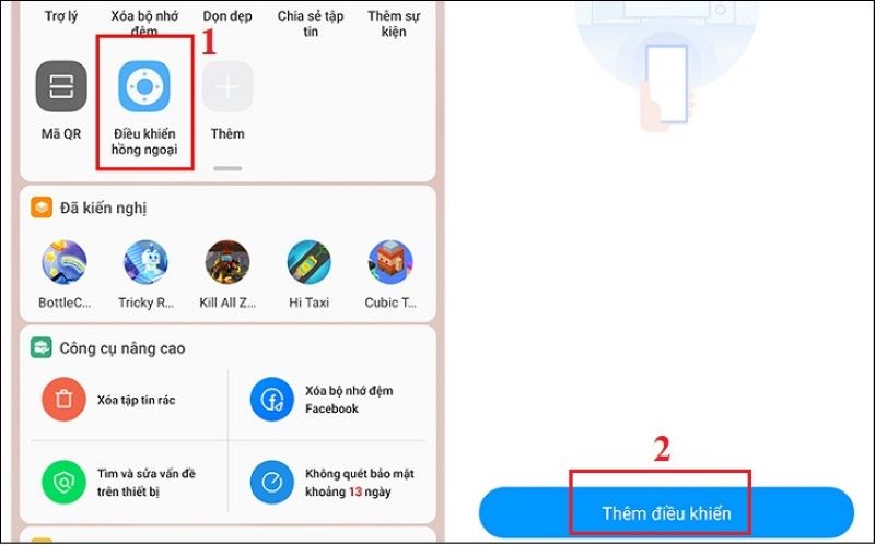 Mở chức năng Điều khiển hồng ngoại ở trên smartphone > Chọn mục Thêm điều khiển