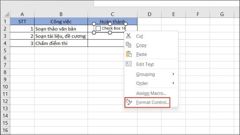 Chọn ô > Nhấn chuột phải và chọn Format Control