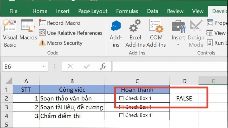 Ô liên kết hiện FALSE nếu bỏ chọn checkbox